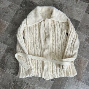 Vintage 70's-80's Cream Knit Cardigan Chunky Knit Sweater Collared Cottage VTG‎